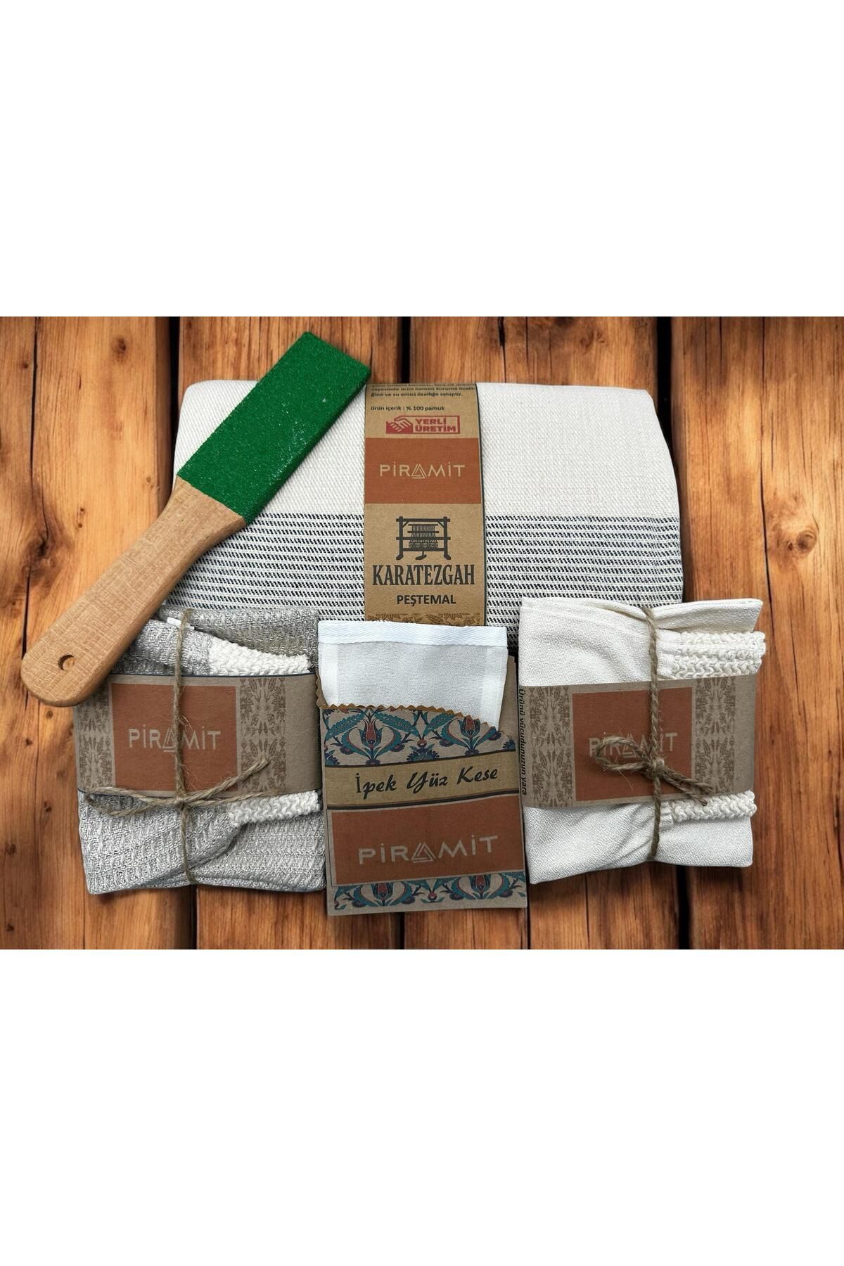 PİRAMİT 5'Li Banyo Seti Bambu Pamuk Peştemal, Lastikli Kese, Yüz Kese, Lif, Topuk Taşı