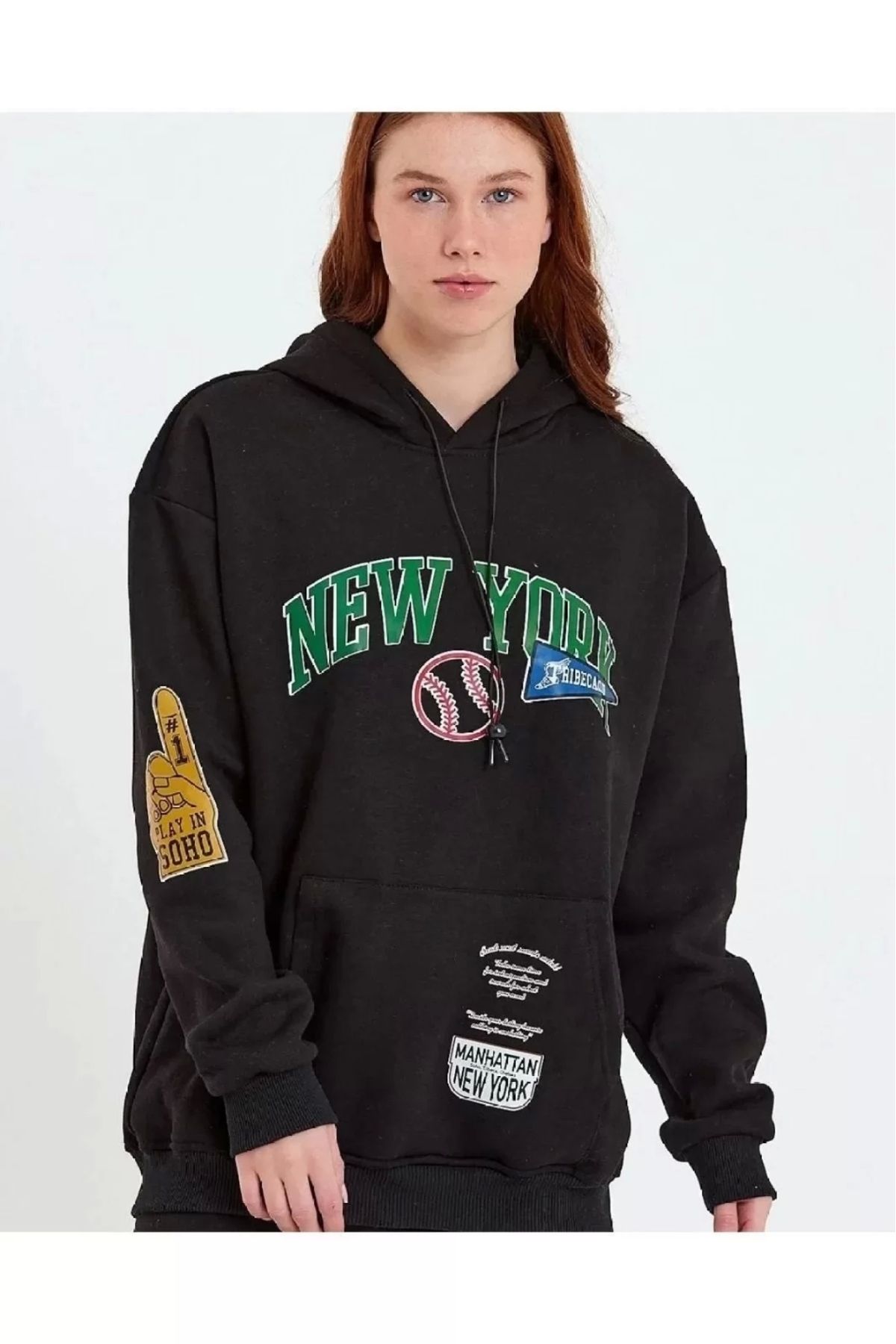 CVS Kadın Baskılı Kapüşonlu Sweatshirt - Siyah