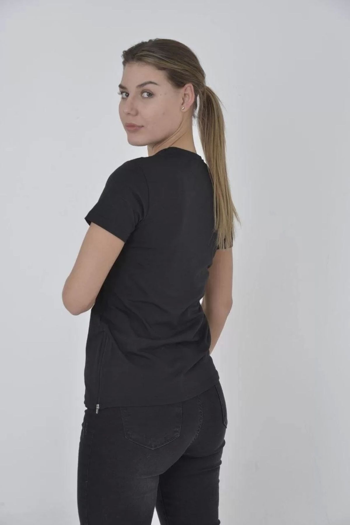 CVS Kadın Yandan Fermuarli Slim fit T-shirt - Siyah