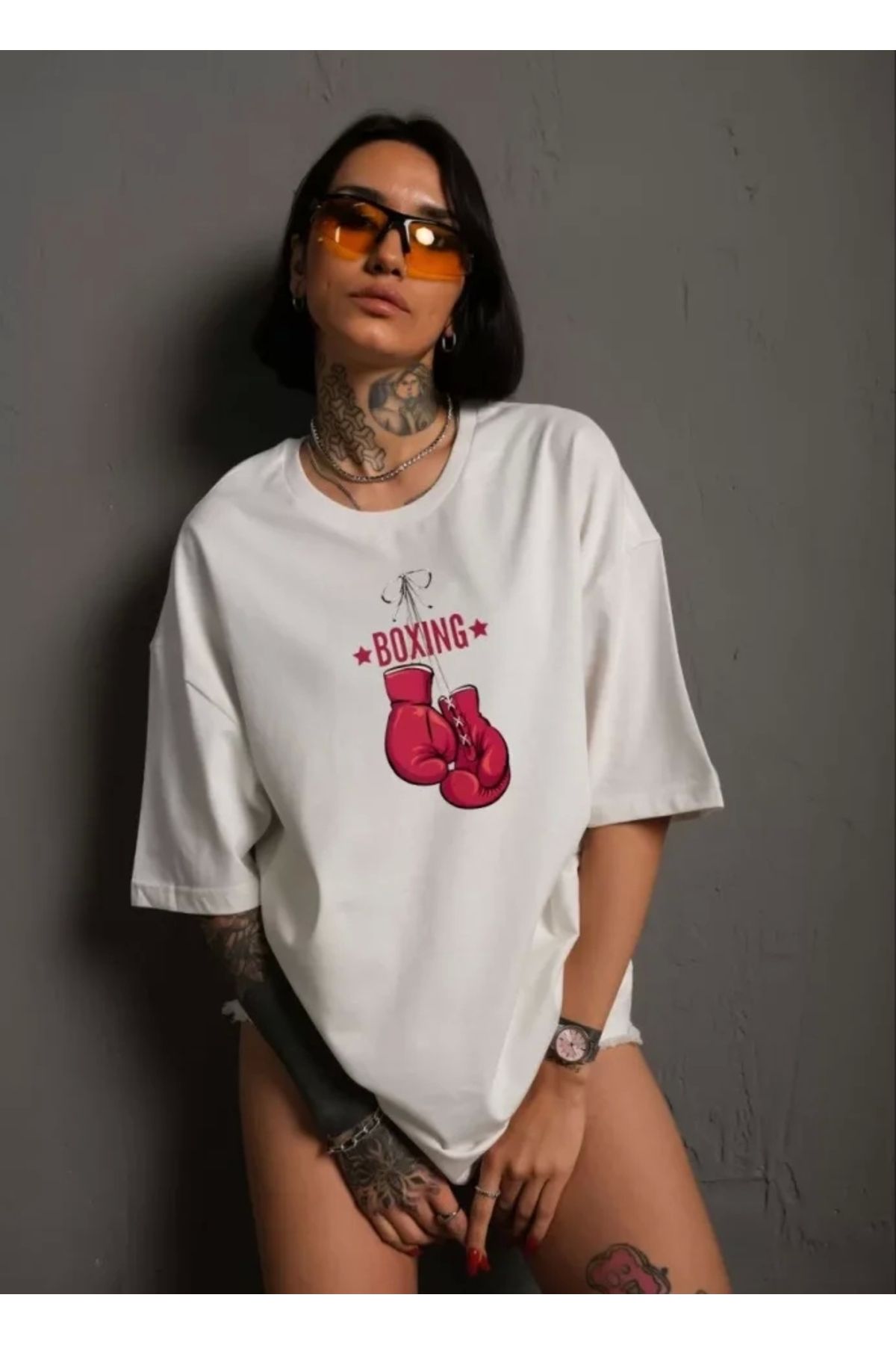 nedo7 Unisex Bisiklet Yaka Baskılı Oversize T-Shirt - Beyaz