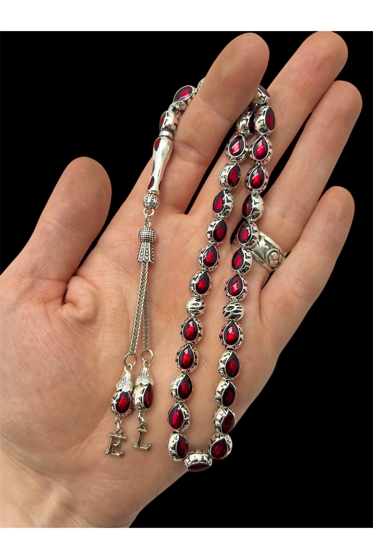 KANUNİ TESBİH-Red Enamel Embroidered Letter Metal Rosary, Letter Rosary, Gift Rosary, Men's Rosary 2