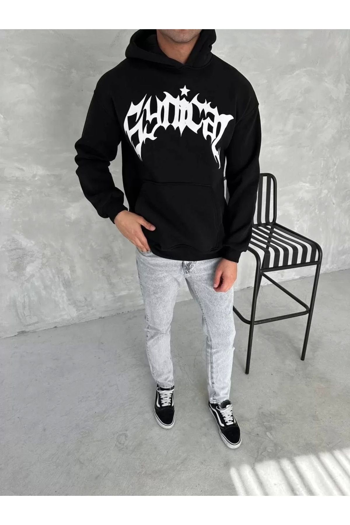 CVS Unisex Üç İplik Kapüşonlu Baskılı SweatShirt - Siyah