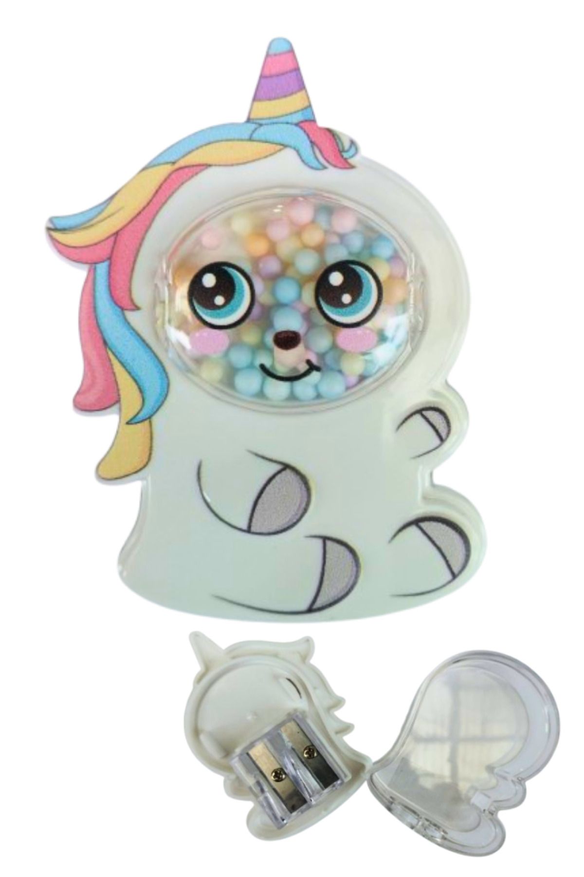Glanart köpüklü unicorn figürlü çift bıçaklı kalemtraş hazneli 1 adet beyaz