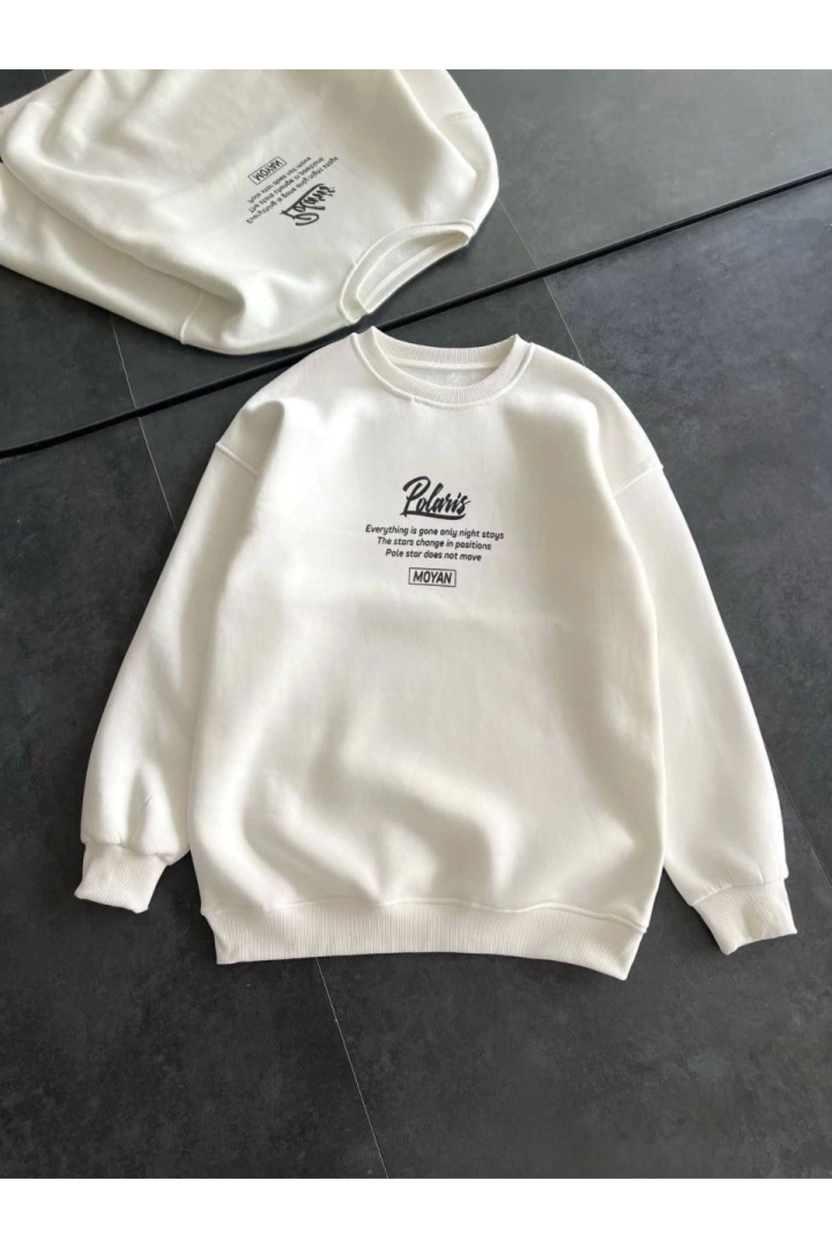 nedo7 Kışlık Bisiklet Yaka Ön Ve Arka Baskılı SweatShirt - Beyaz