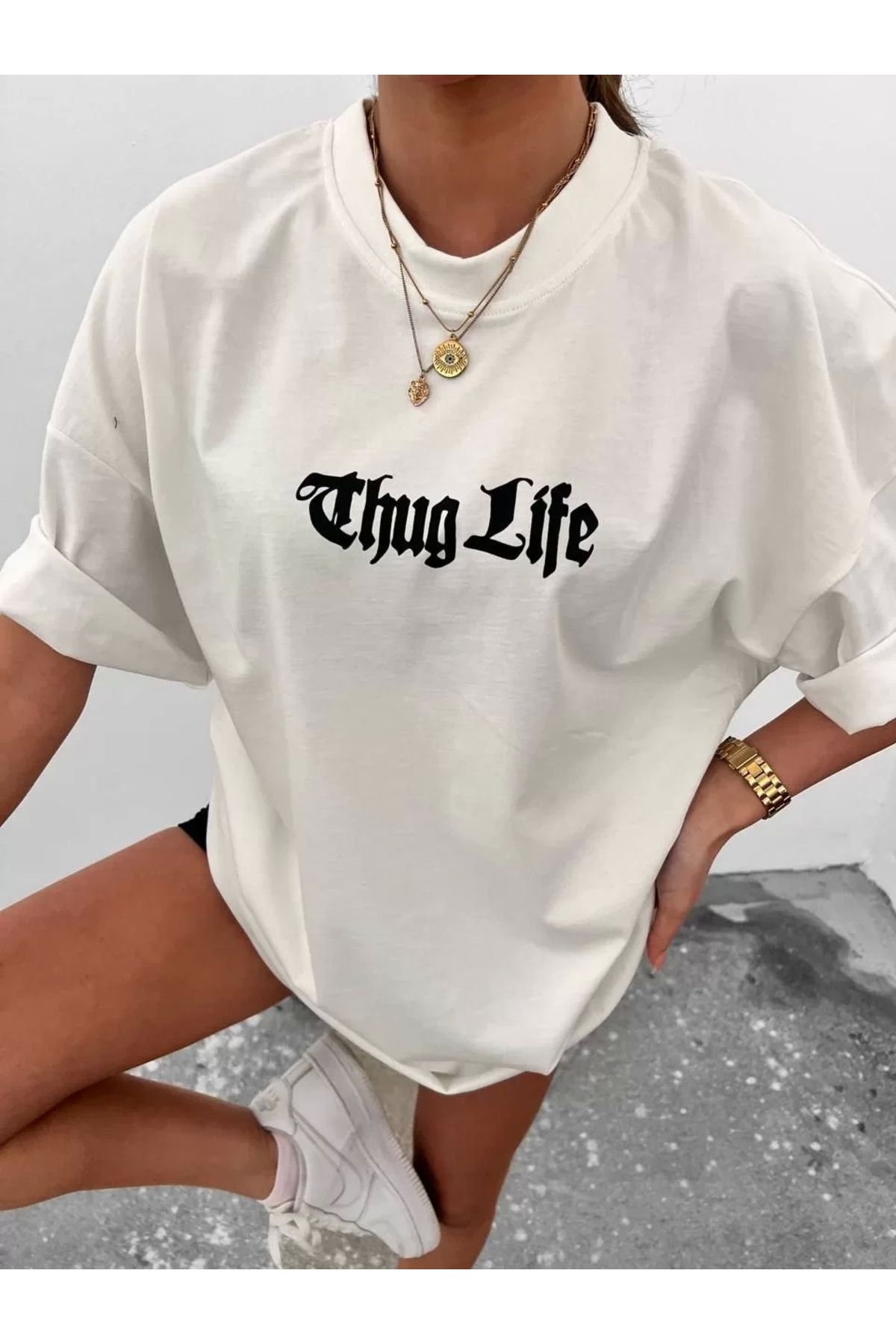 CVS Unisex Bisiklet Yaka Baskılı Oversize T-Shirt - Beyaz