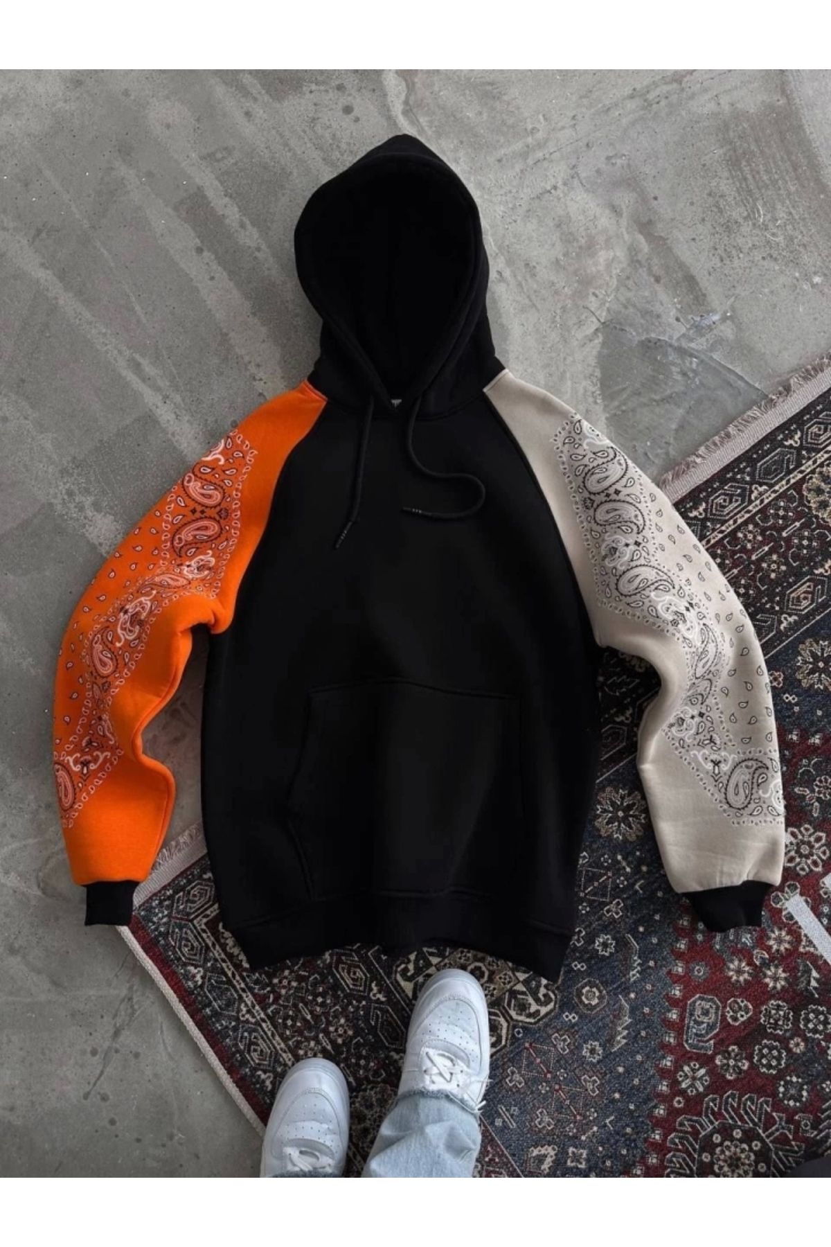 nedo7 Üç İplik Penye Kapşonlu Parçalı SweatShirt - Siyah