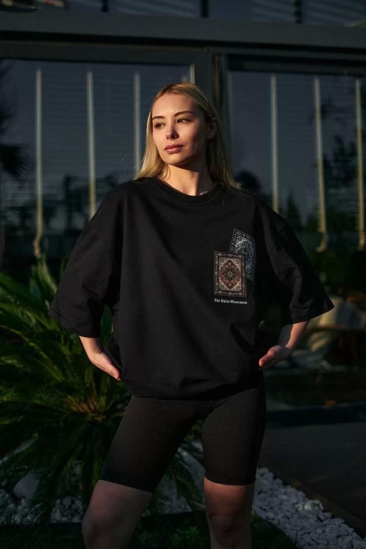 CVS Unisex Bisiklet Yaka Baskılı Oversize T-Shirt - Siyah