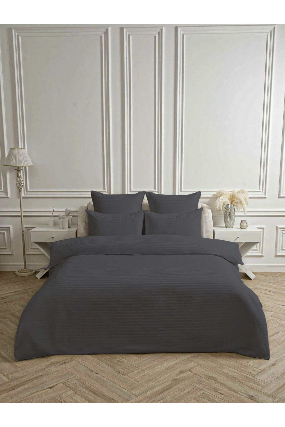Bonny Home Line Antrasit Pamuk Saten Çift Kişilik Nevresim Takımı Lastiksiz Çarşaflı 4 Parça Set