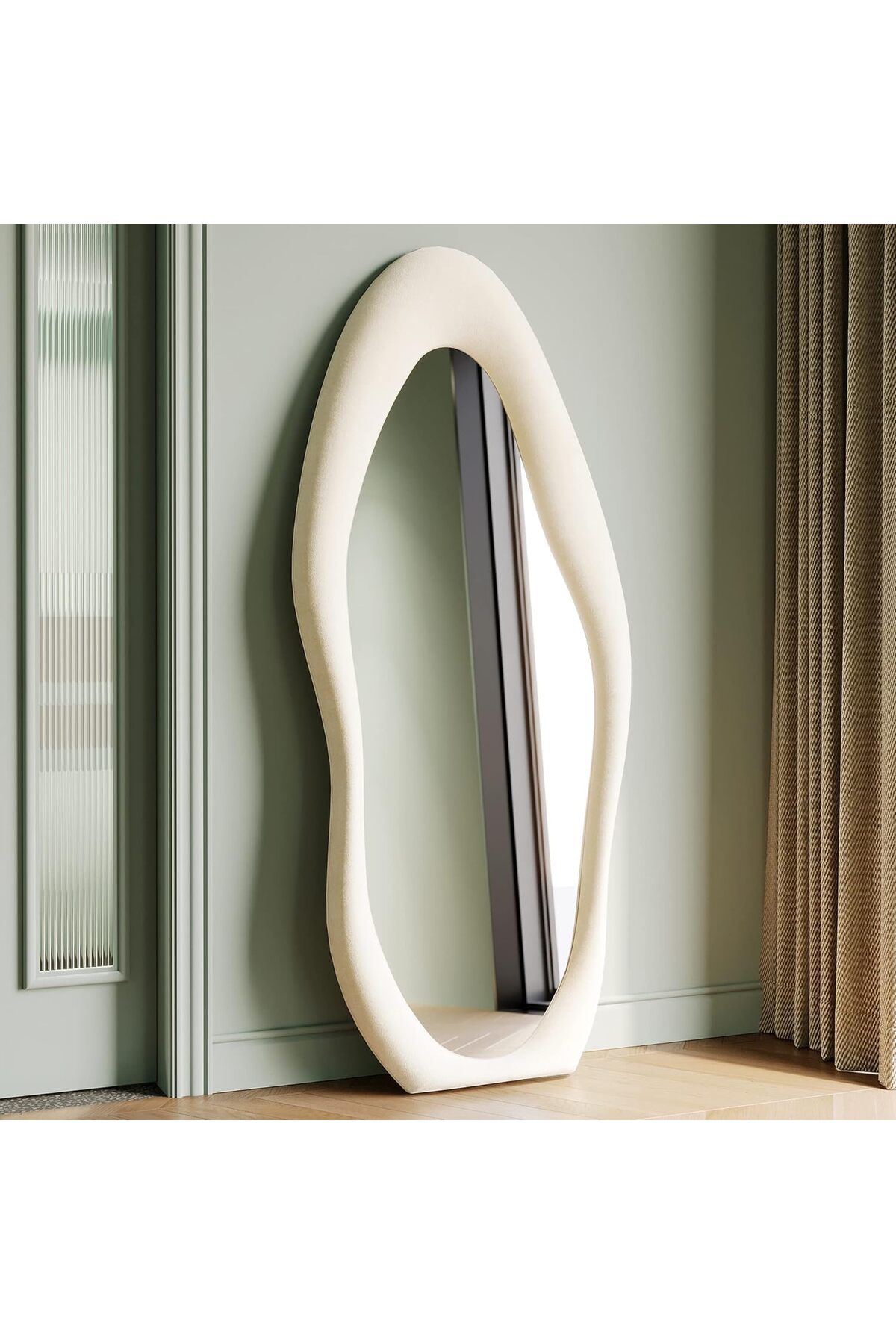 مرآة أرضية بطول كامل، مرآة حائط مع حامل وإطار من قماش مخملي ناعم، بيج 160×60 سم