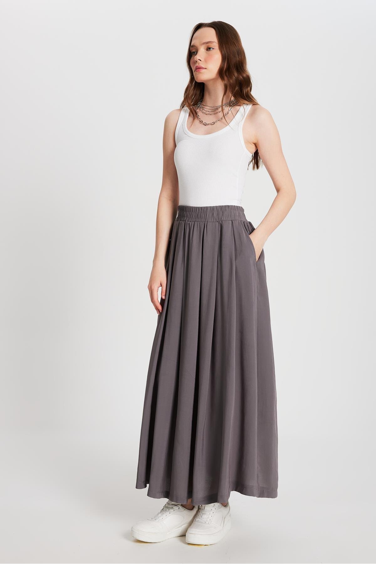 minaaise-Women's Anthracite Pleated Pocket Modal Long Skirt 29145 6