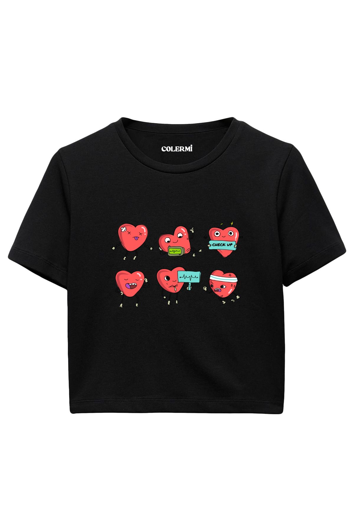 Colermi Sevimli Kalp Karakter Baskılı %100 Pamuk Kadın Crop Tshirt