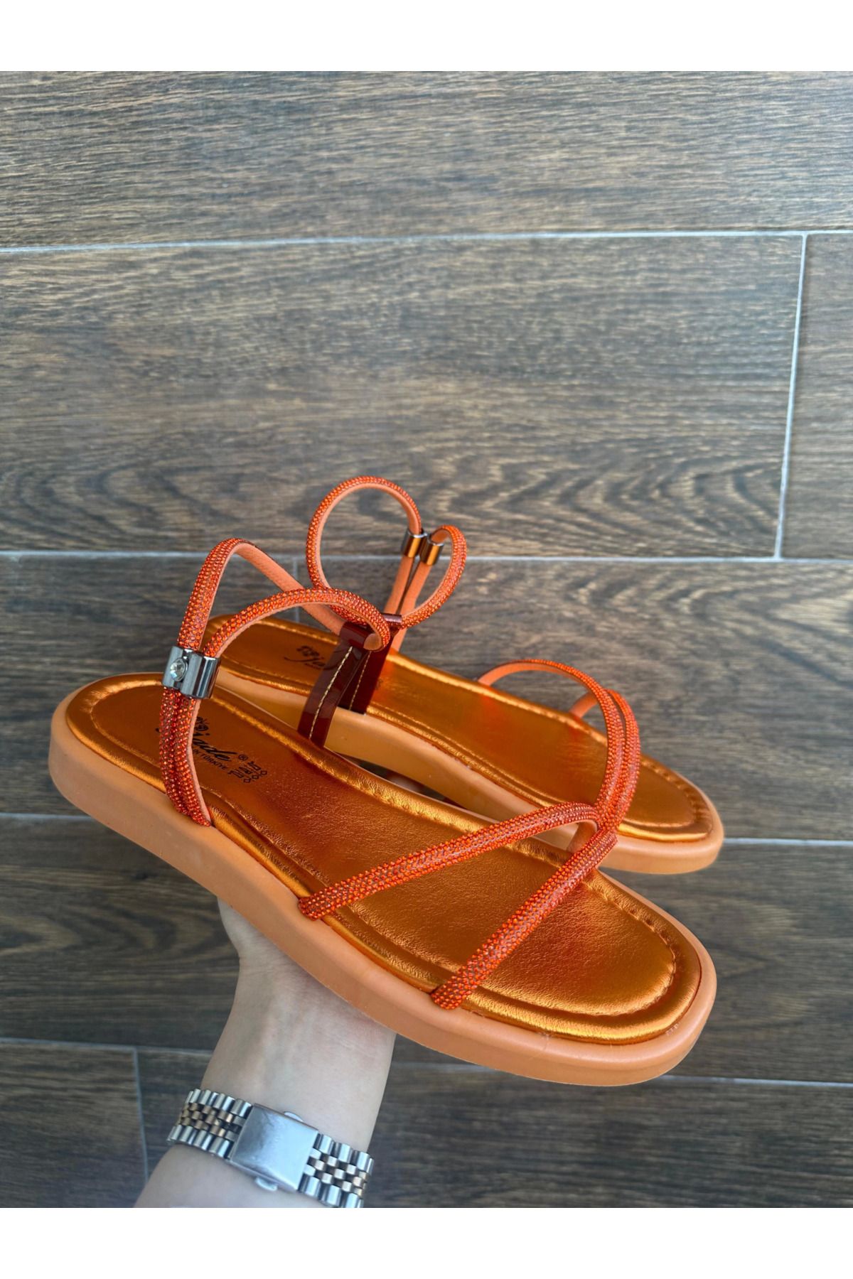 Shop58 Nadda Turuncu Cilt Boncuk İşlemeli Sandalet