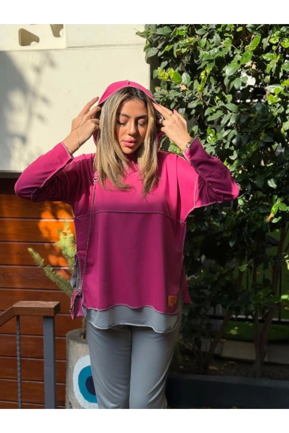 nedo7 Kadın Pembe Kapşonlu Etek Ucu Detay Arma Ters Dikiş Gorunumlu Ikili Takım