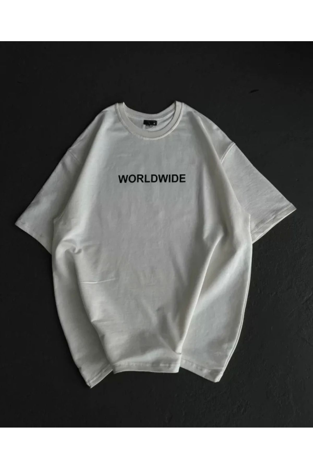 nedo7 Unisex Bisiklet Yaka Baskılı Oversize T-Shirt - Beyaz