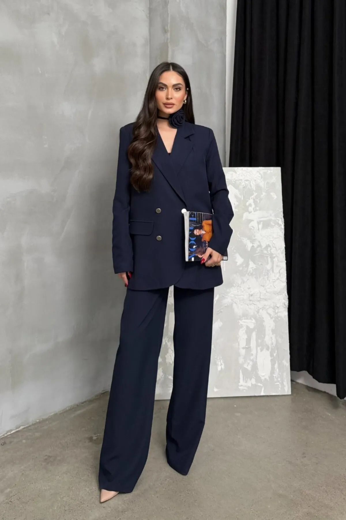 buqre's moda Kadın İkili Blazer Ceket Pantolon Takım Aksesuar Gül ve Düğme Detaylı Bol Paça