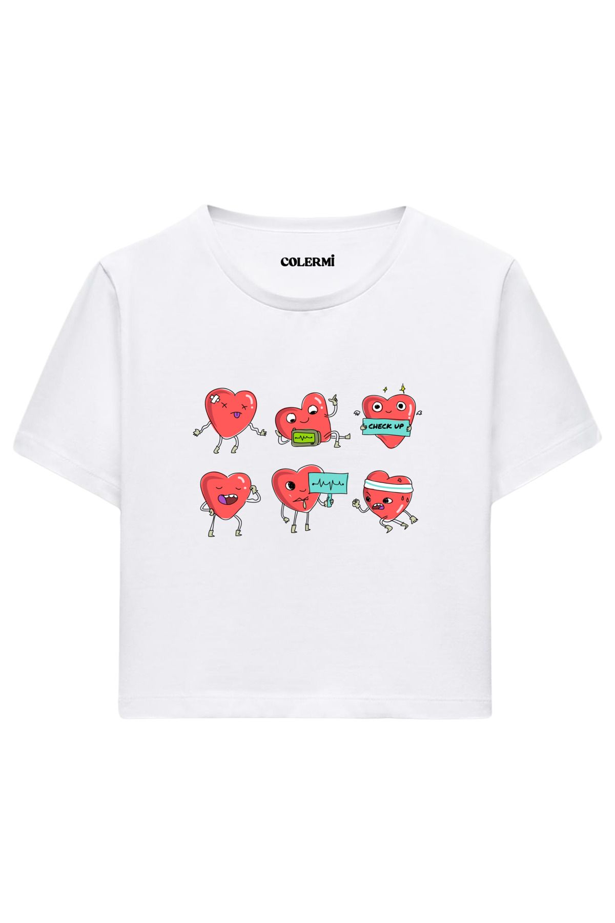 Colermi Sevimli Kalp Karakter Baskılı %100 Pamuk Kadın Crop Tshirt
