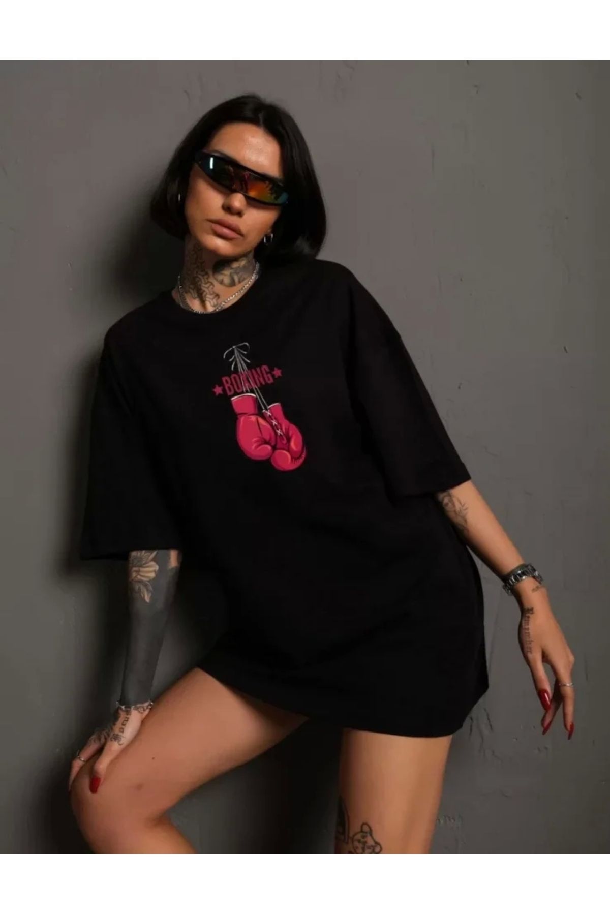nedo7 Unisex Bisiklet Yaka Baskılı Oversize T-Shirt - Siyah