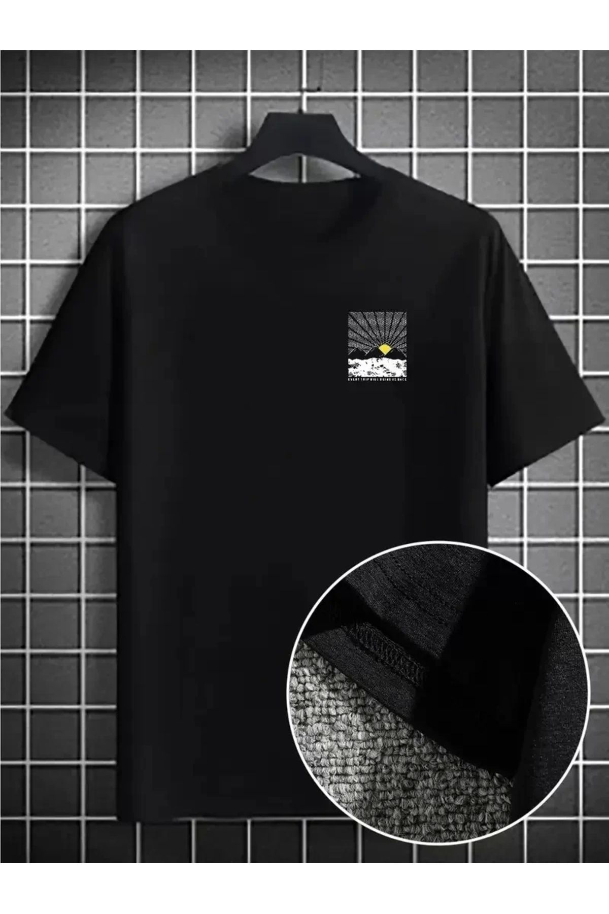 CVS Erkek Dağ Grafikli Tişört, Yaz için Büyük Beden Rahat T-shirt - Siyah