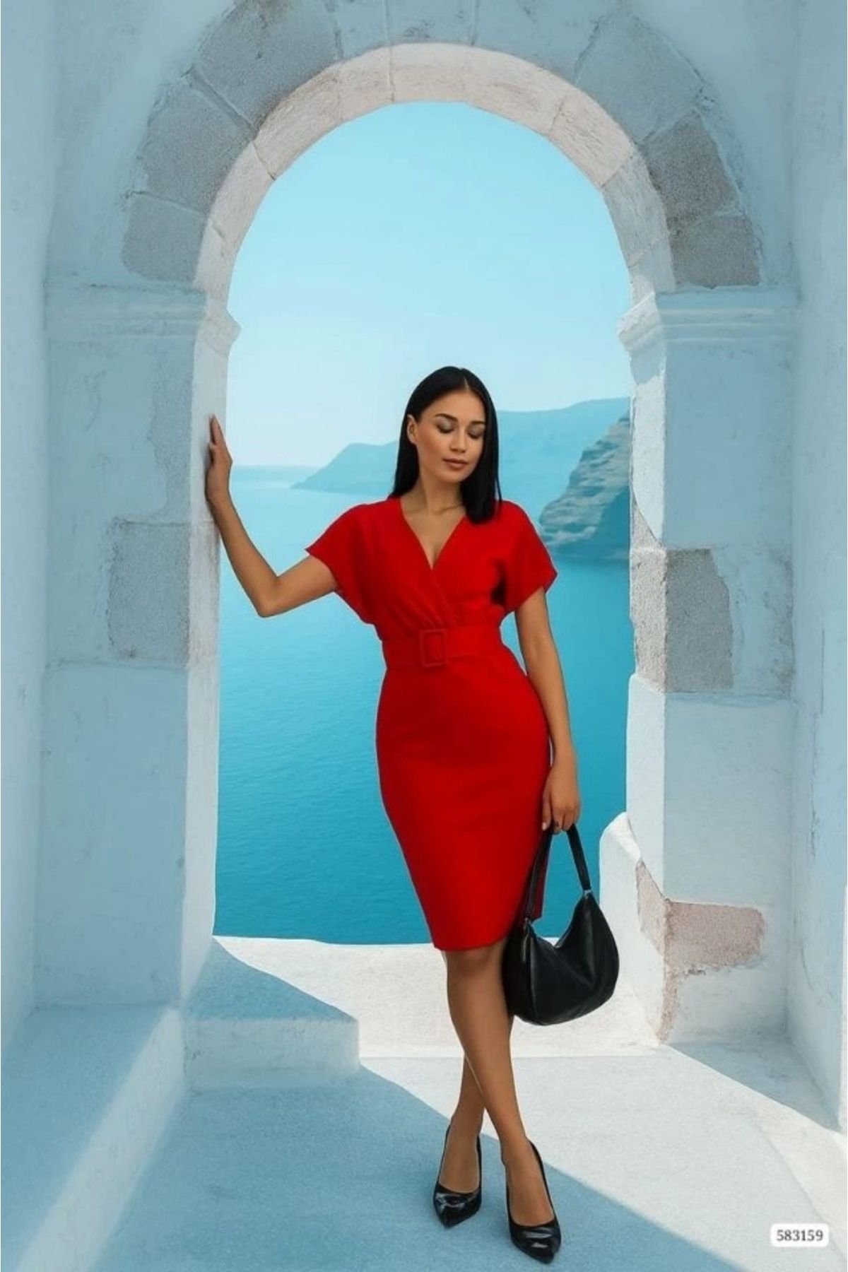 Butik Kadın Dalgıç Krep V Yaka Ve Sırt Dekolte Detaylı Elbise