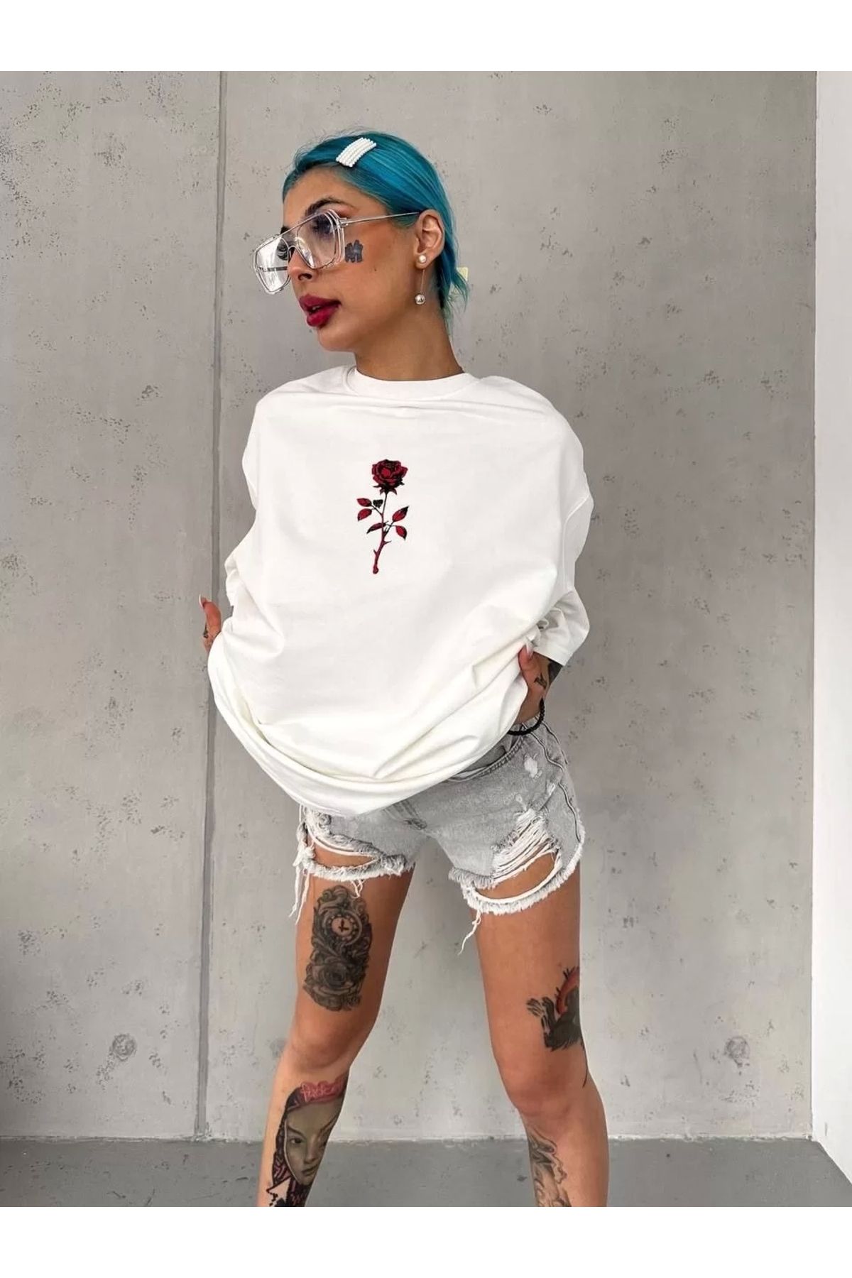 CVS Unisex Bisiklet Yaka Baskılı Oversize T-Shirt - Beyaz