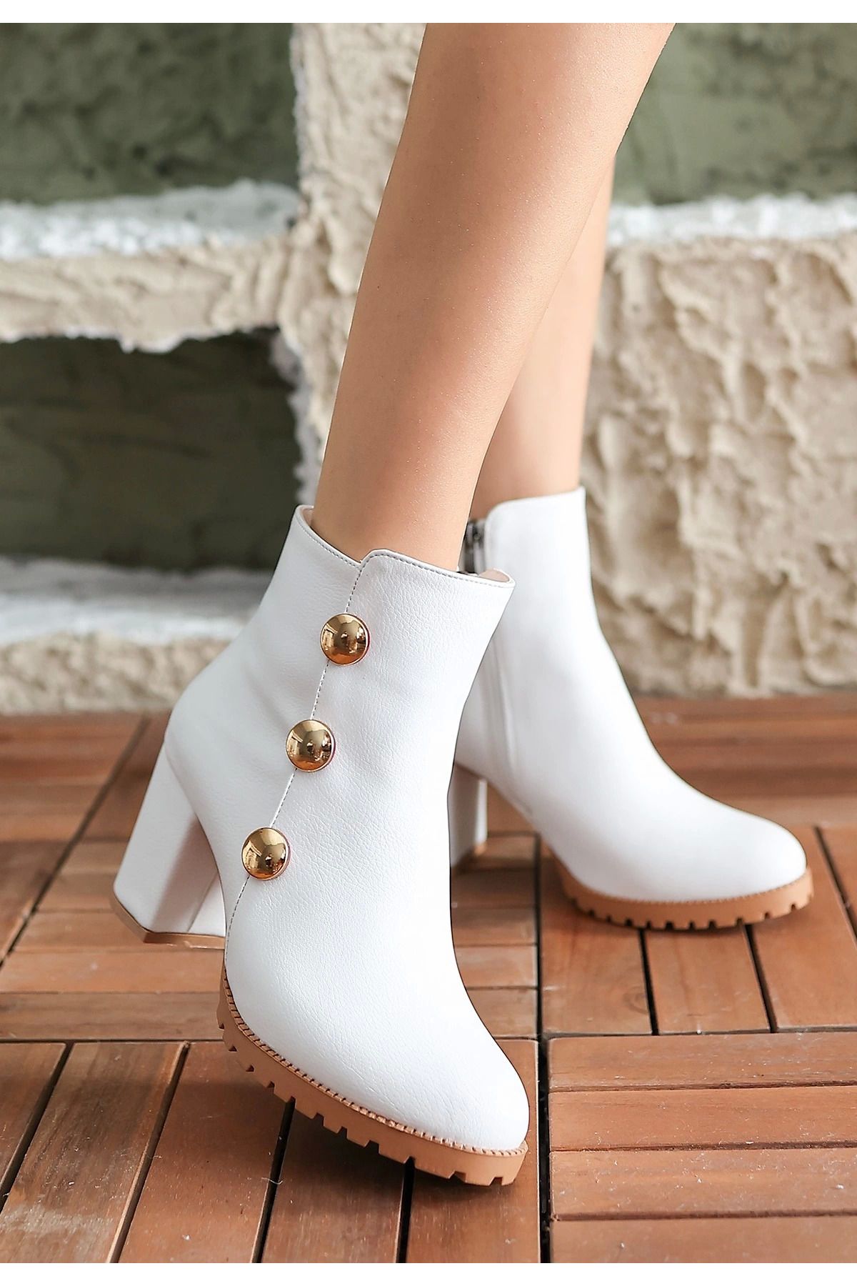 Shop58 Morli Beyaz Cilt Topuklu Bot