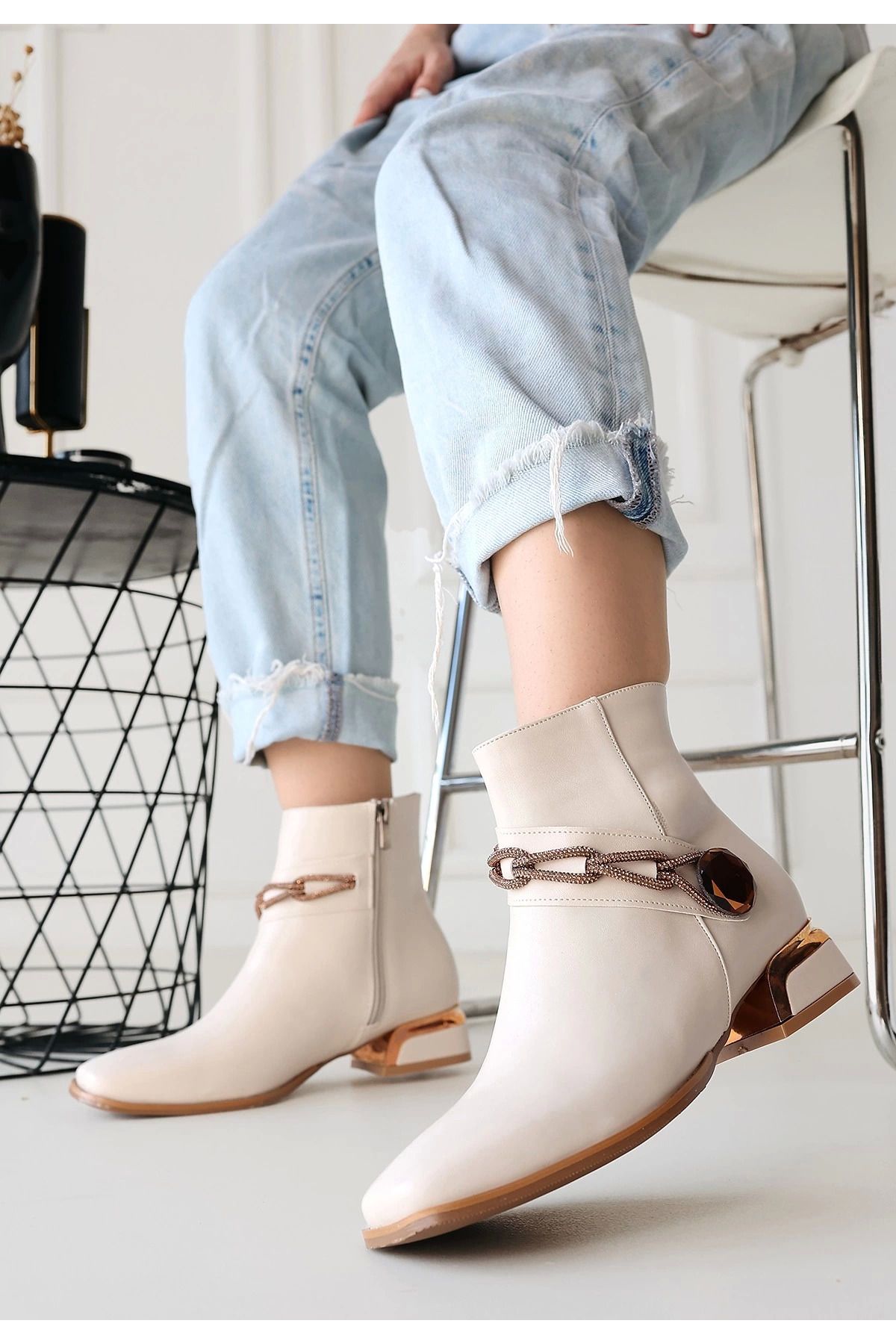 Shop58 Roxani Bej Cilt Topuklu Bot