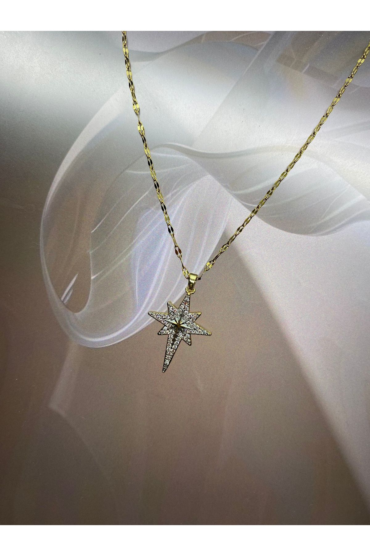 season jewelry GOLD ZİRKON TAŞLI KUTUP YILDIZI ÇELİK KOLYE
