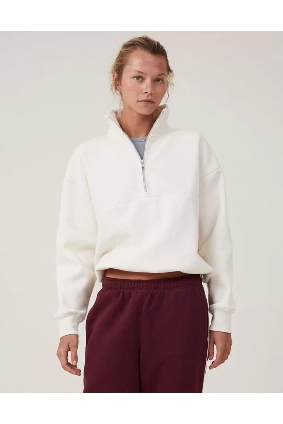 CVS Oversize Yarım Farmuarlı Yakalı Basic SweatShirt - Beyaz