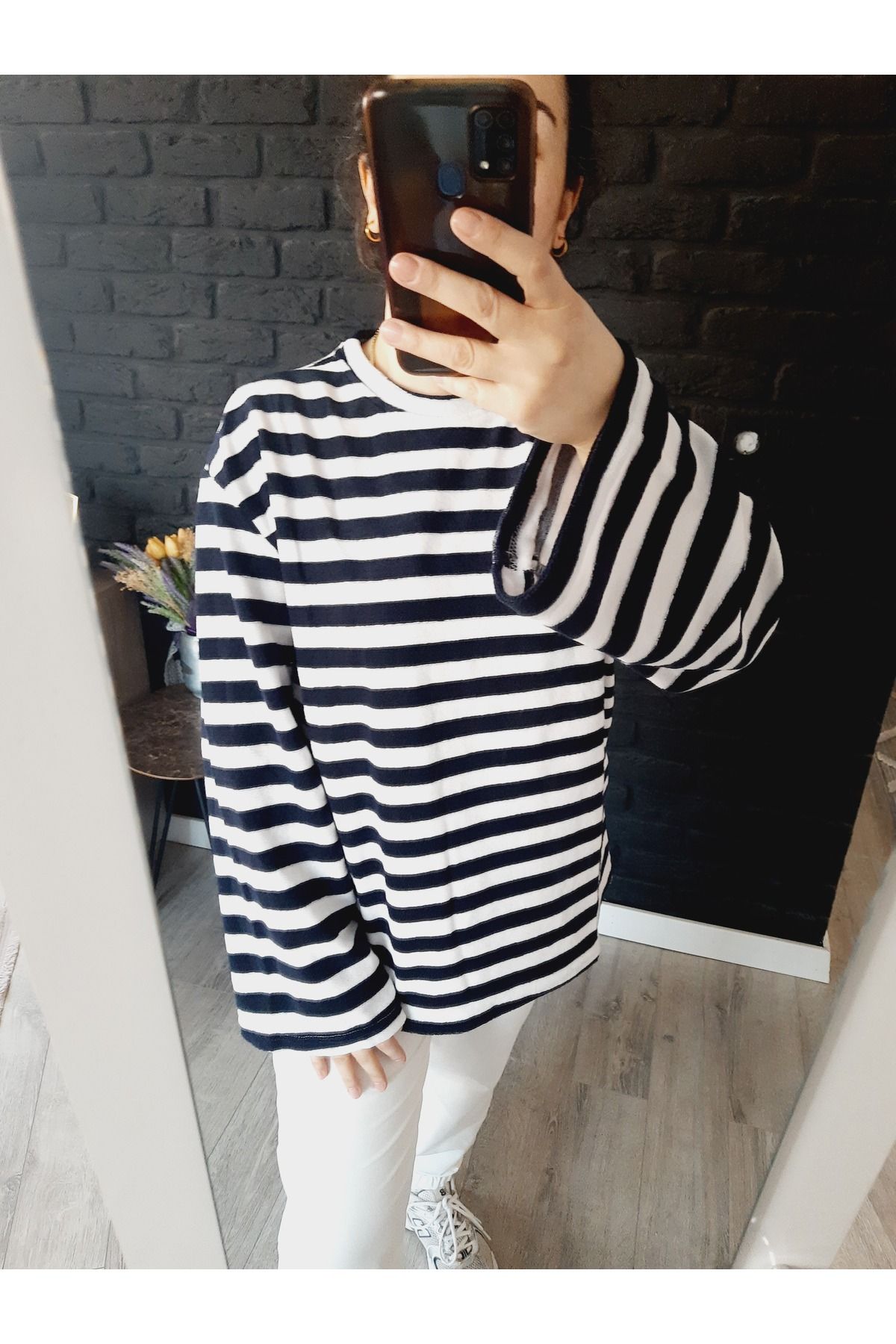 ALVWOMAN Lacivert Çizgili Havlu Sweatshirt