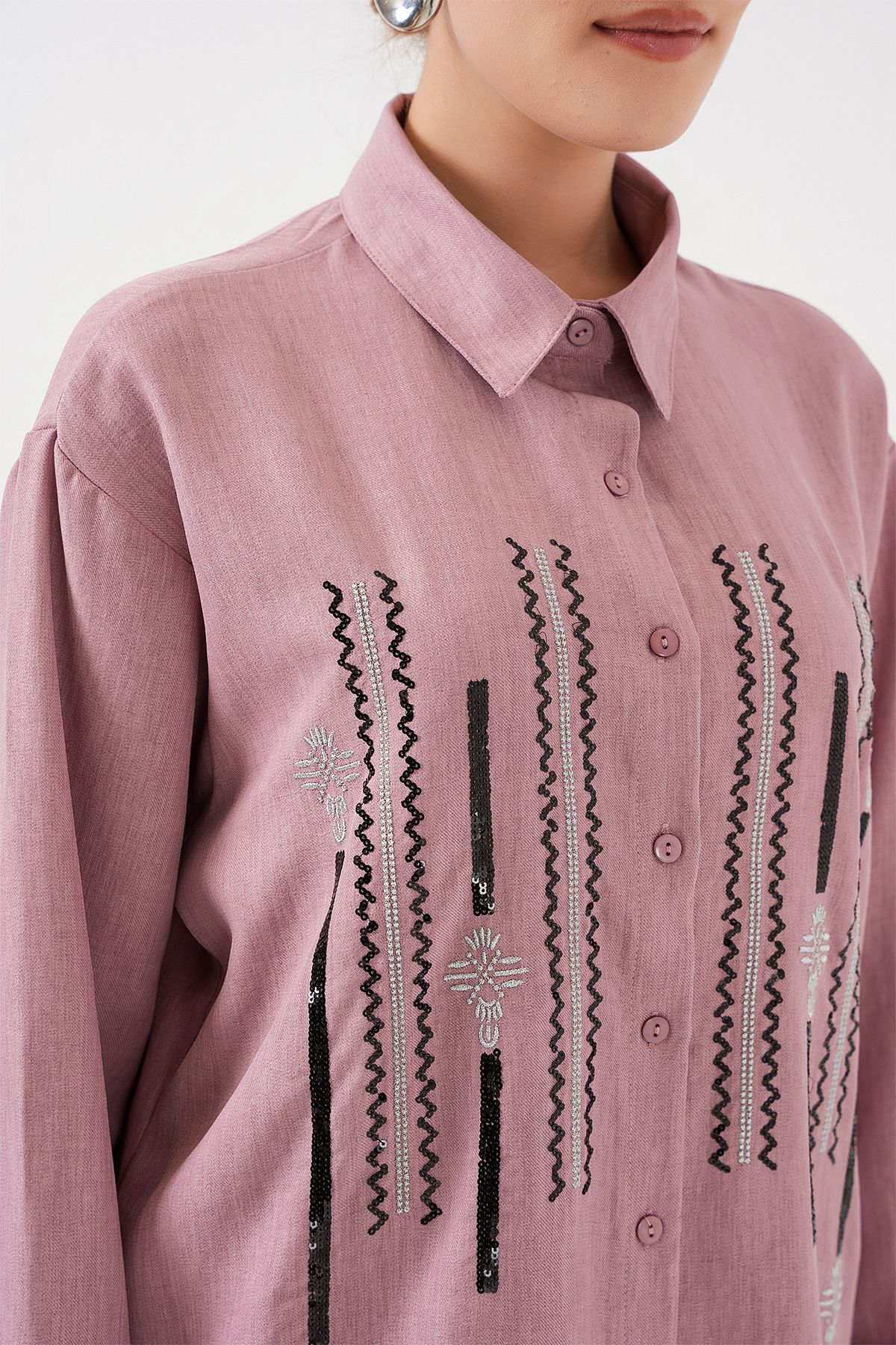 Bigdart-Patterned Tunic Trousers Double Set 6720 - Dusty Rose 5