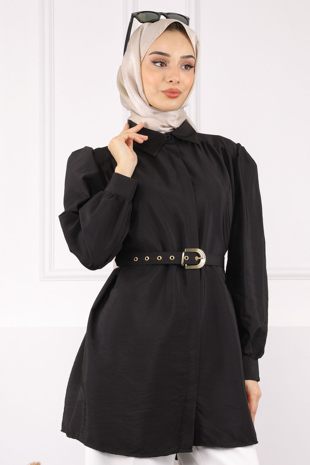 İmajButik Siyah Kemerli Modal Tunik