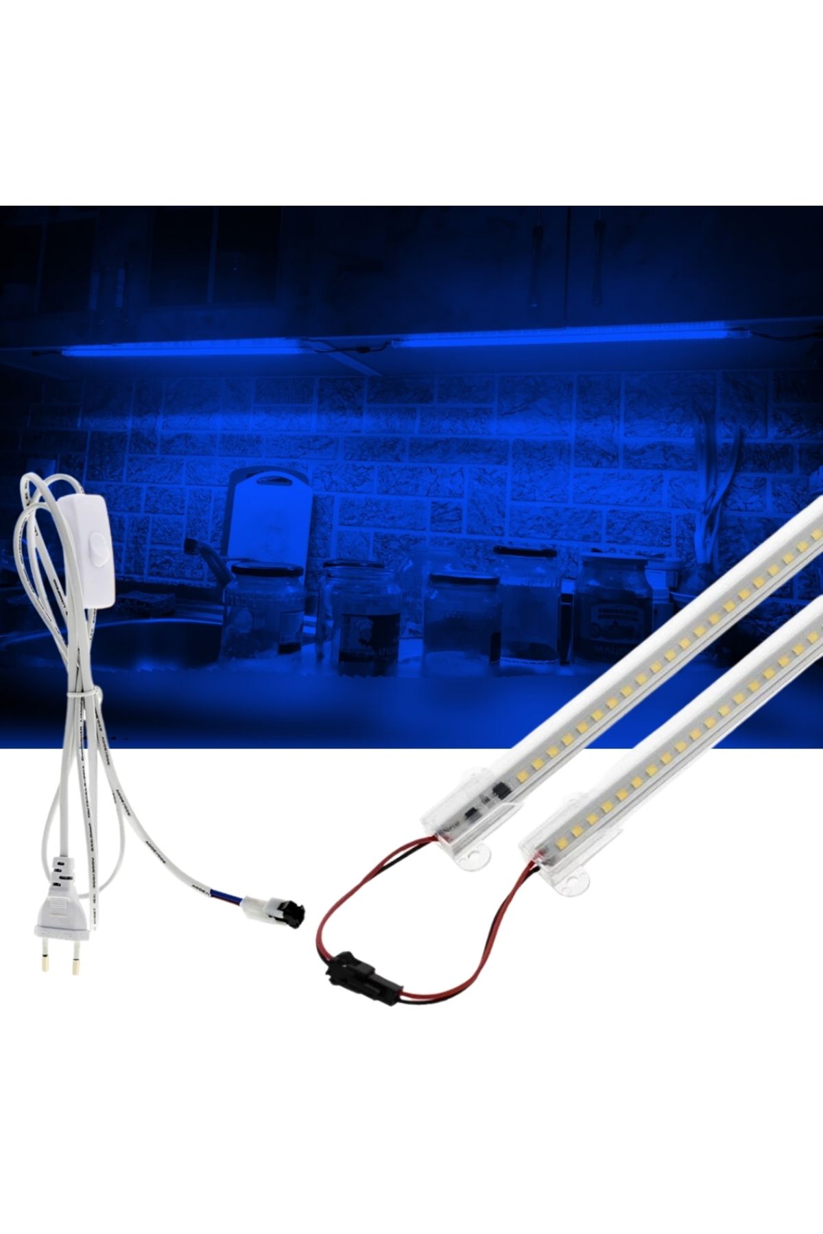 burul SB-6510 2 Adet 50 Cm 220v Şeffaf Çubuk Bar Led Mavi Işık ve Butonlu Fiş