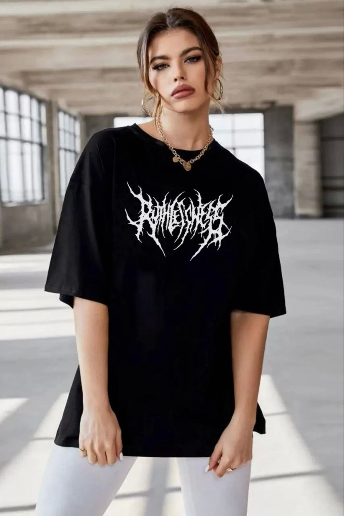 CVS Unisex Bisiklet Yaka Baskılı Oversize T-Shirt - Siyah