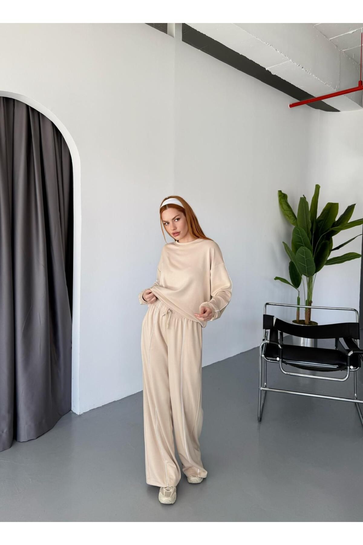 Cappmoda TKM-1109 Krem Rengi Biyeli Modal Kumaş Salaş Bluz Palazzo Pantolon İkili Takım