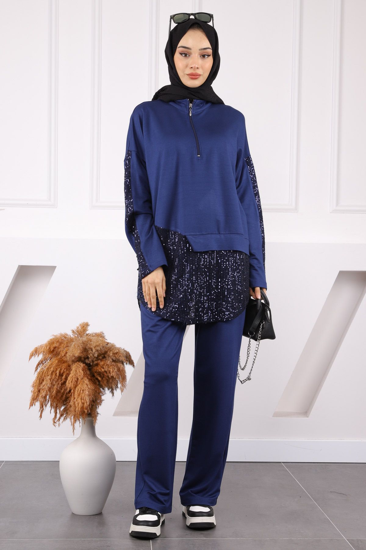 İmajButik Lacivert Pul Detaylı Tunik Pantolonlu Takım
