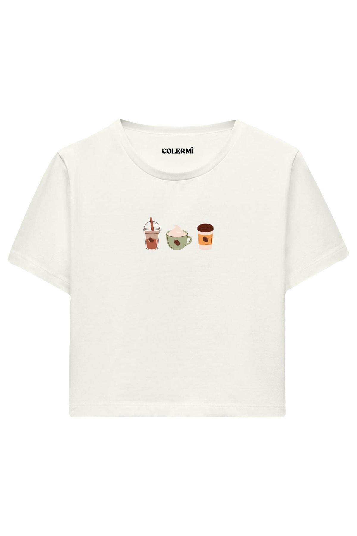 Colermi Günlük Kahve Üçlüsü Baskılı %100 Pamuk Kadın Crop Tshirt