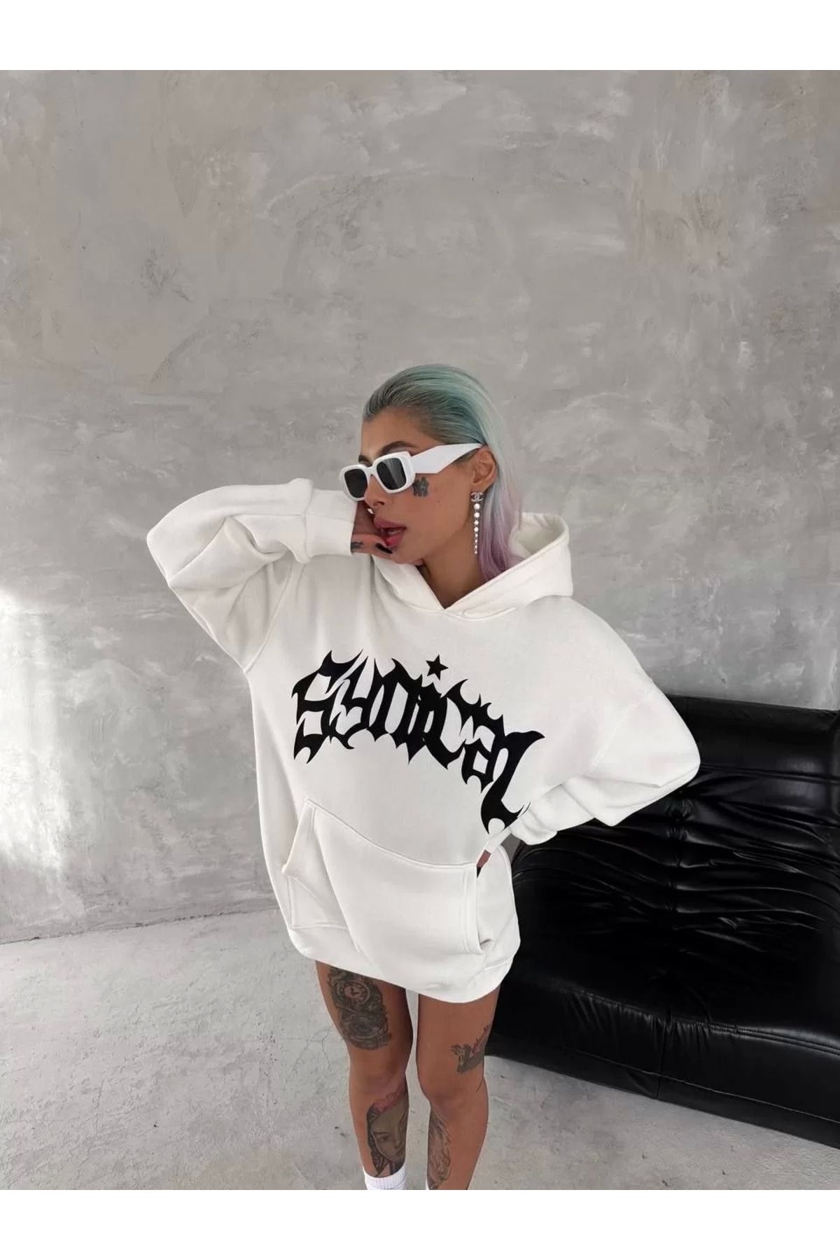 CVS Unisex Üç İplik Kapüşonlu Baskılı SweatShirt - Beyaz