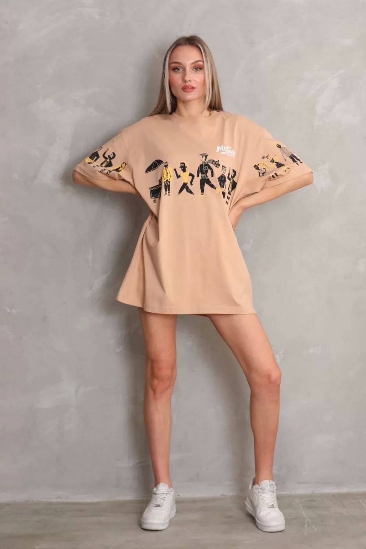 CVS Unisex Bisiklet Yaka Baskılı Oversize T-Shirt - Bej