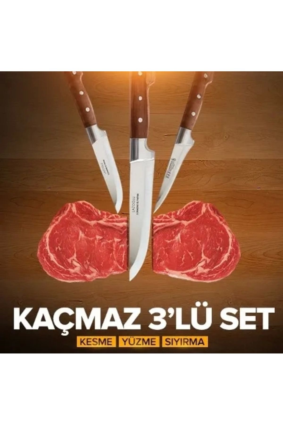YNT İthalat El Yapımı Sürmene Kasap Ve Seti 3 Parça