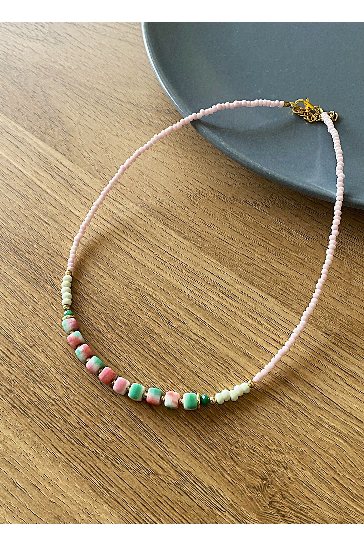 dela otantik El Yapımı Zarif Boncuklu Kadın Kolye – Pembe Beyaz Bohem Otantik Yaz Bijuteri Takı - Boho Jewelry