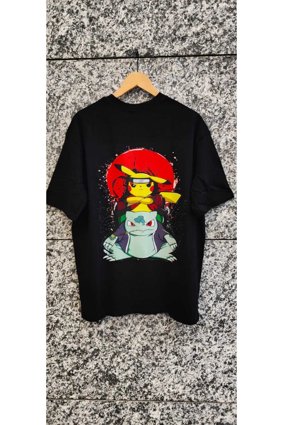 FG KONNİCHİWA POKEMON Pikachu Bulbasaur T-Shirt ART FULL OVERSİZE GENİŞ KALIP DOKUMA %100 PAMUK KUMAŞ