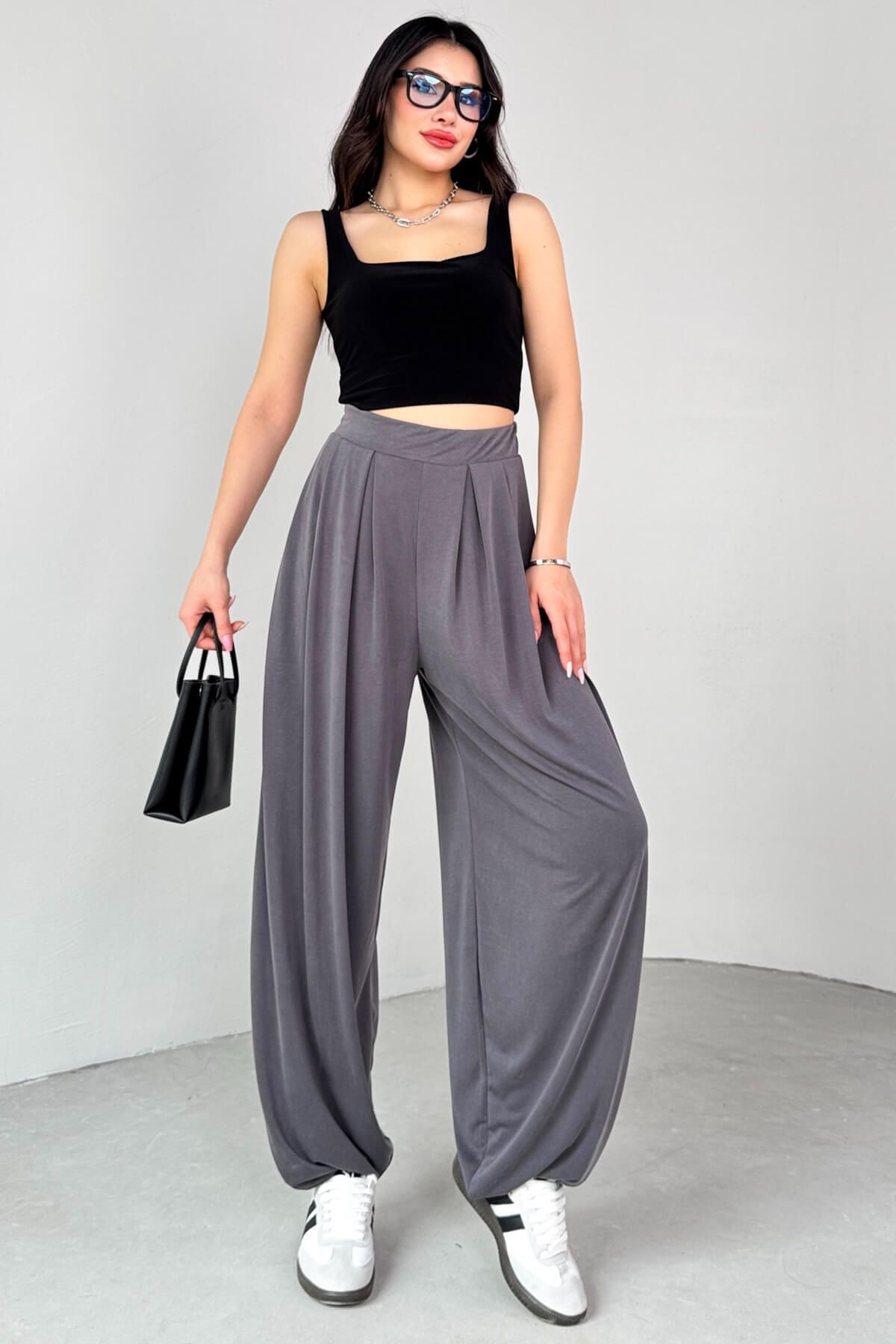 Cappmoda PNT-07417 Füme Bel Lastikli Şalvar Pantolon