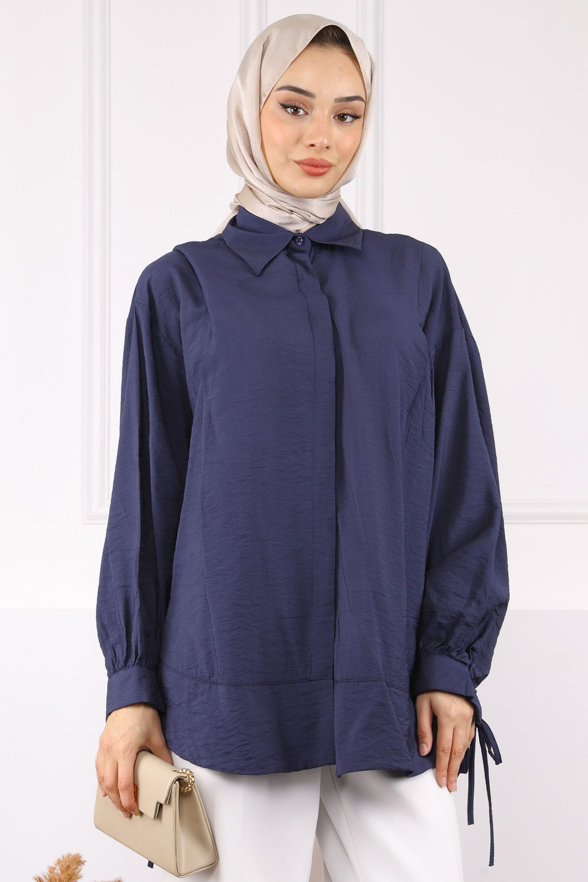 İmajButik Lacivert Kol Bağlamalı Salaş Gömlek