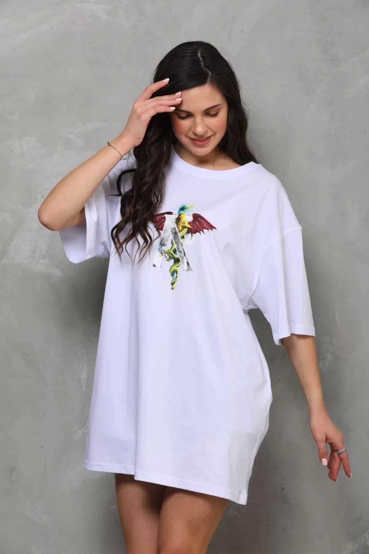 CVS Unisex Bisiklet Yaka Baskılı Oversize T-Shirt - Beyaz