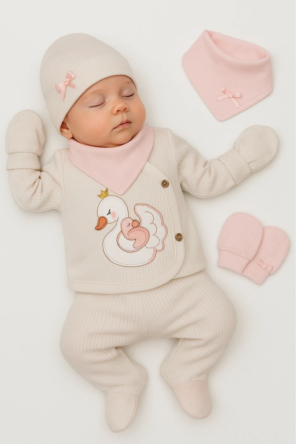 HAVUÇ BEBEK Babyim Kuğu Nakışlı 5 Parça Hastane Çıkışı Seti