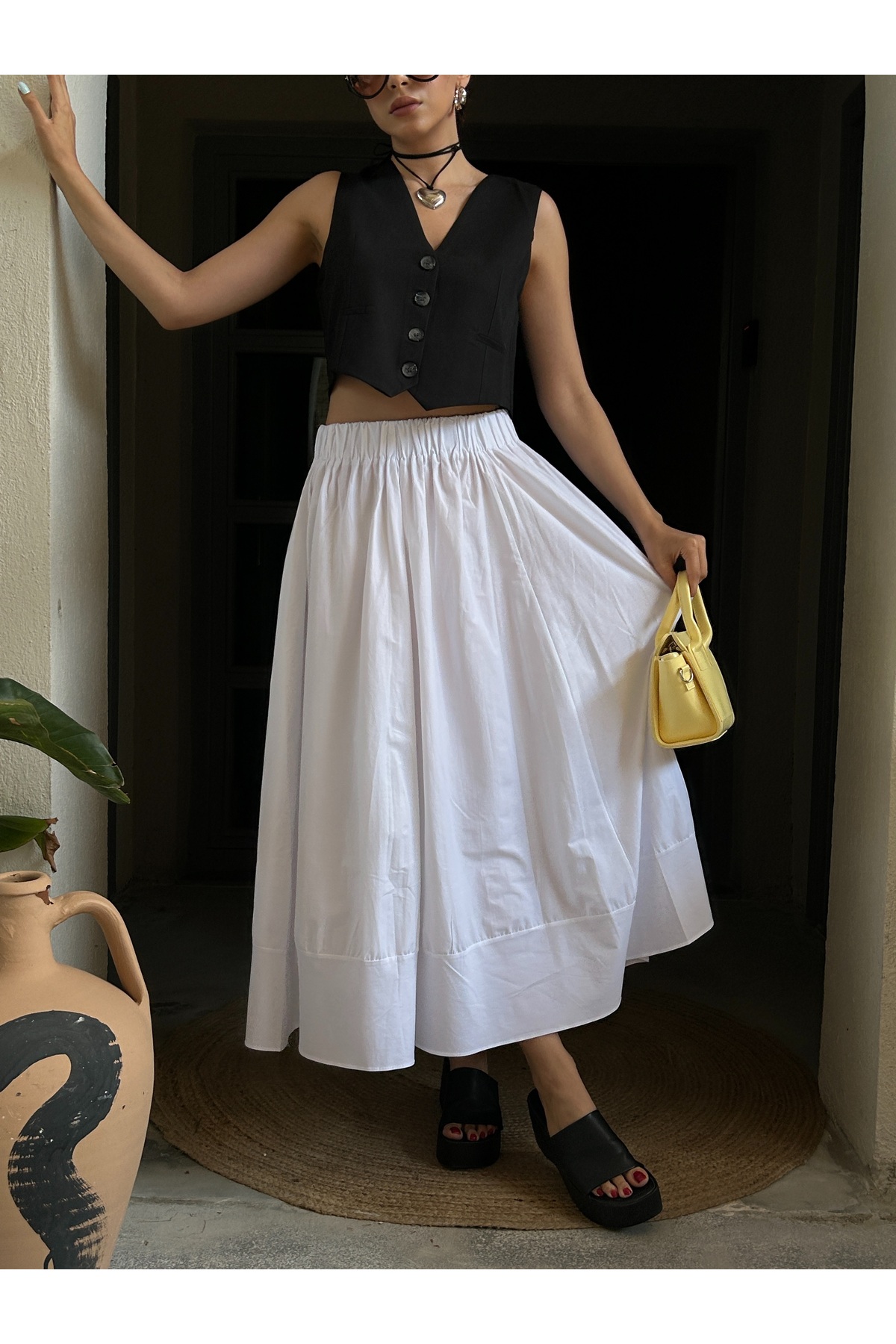 minaaise  Beyaz Poplin Beli Lastikli Uzun Etek 27321 - Görsel 5