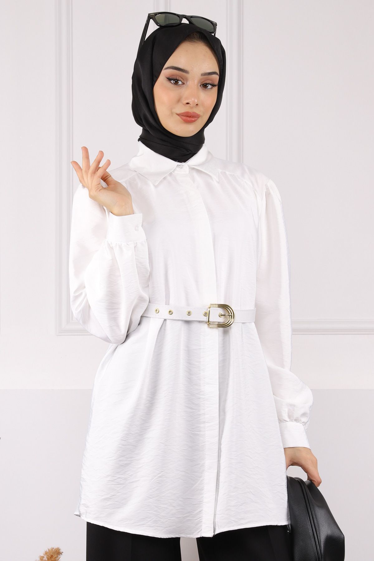 İmajButik Ekru Kemerli Modal Tunik