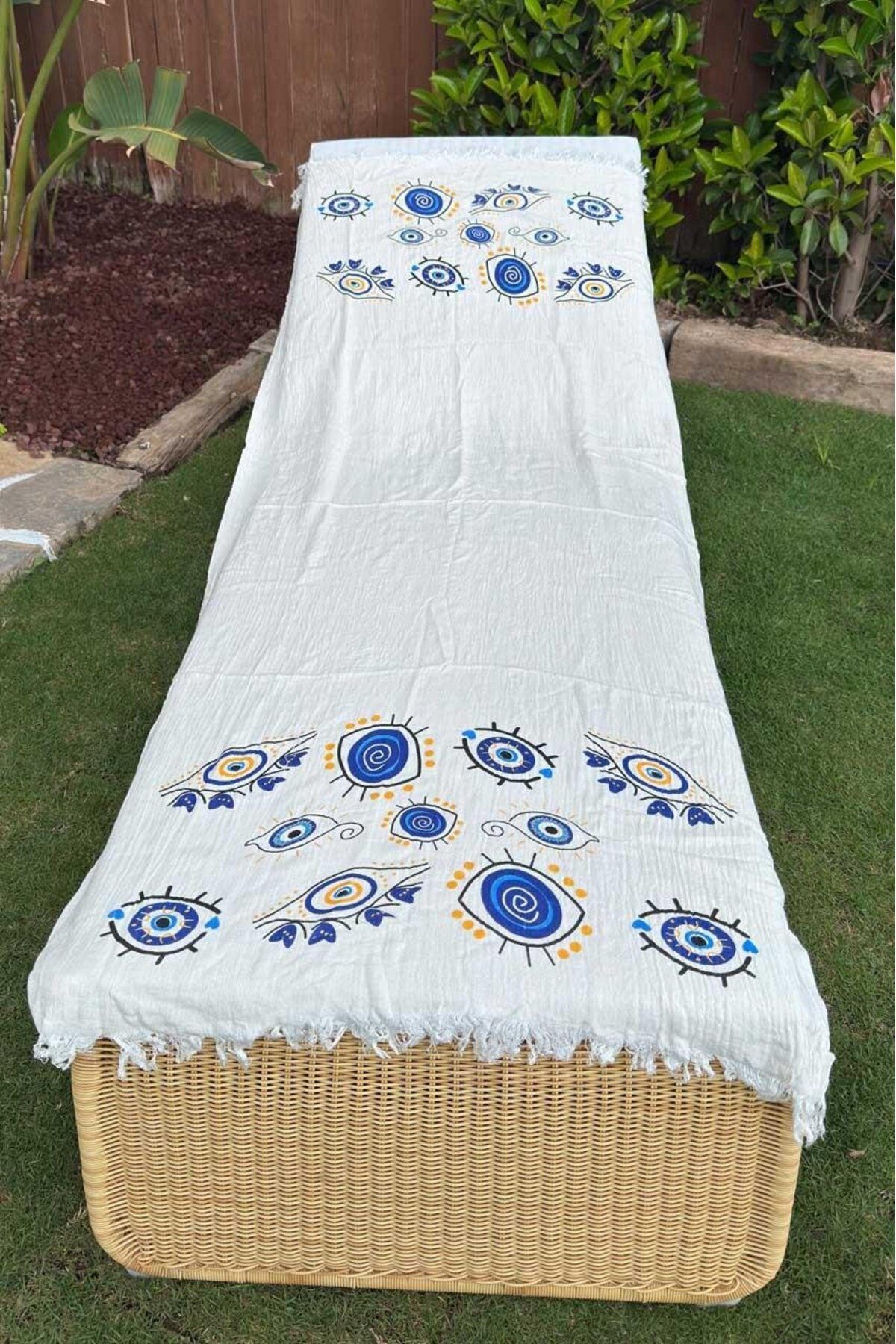 Nevin Kaya Moda Mavi Boncuk Desen %100 Saf Müslin Pamuk Peştemal Plaj Havlusu