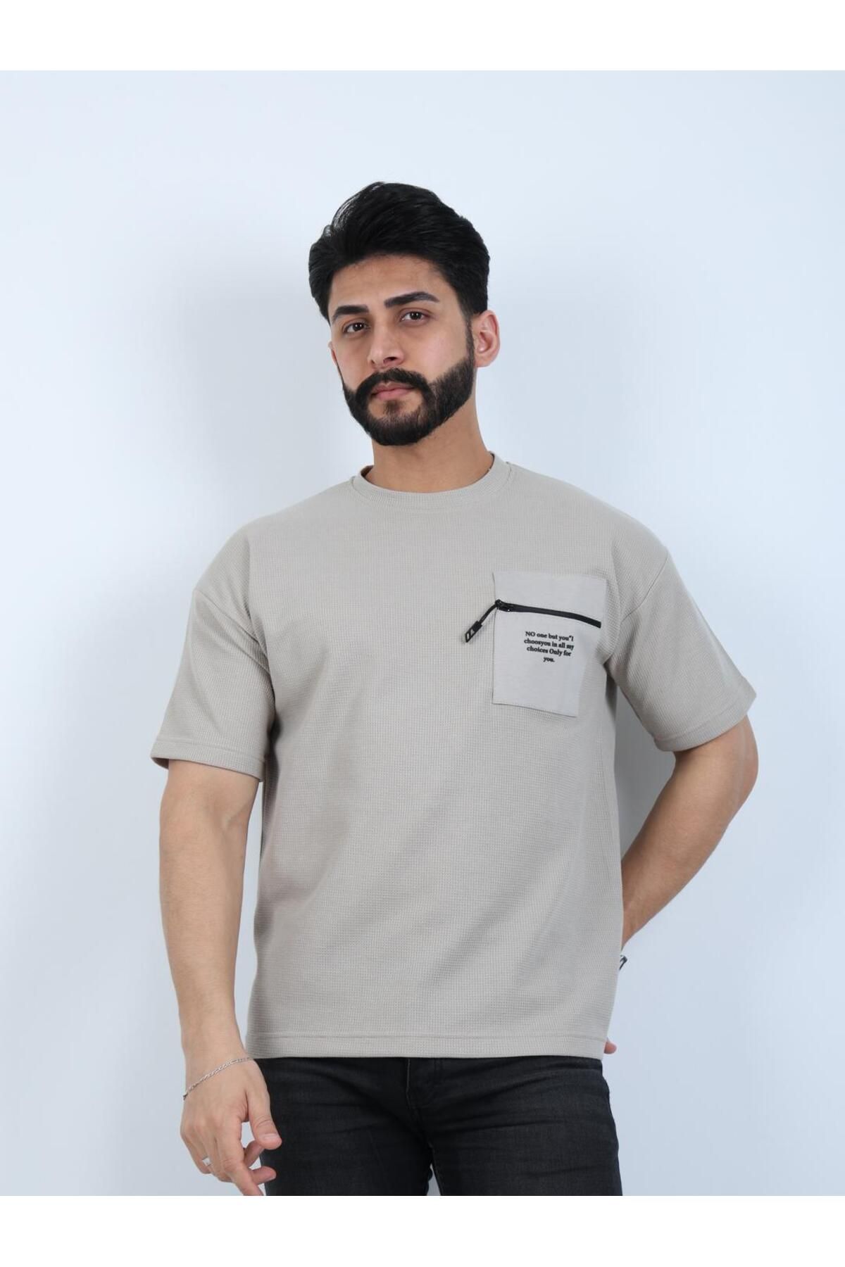 twentyfive25 Erkek Bisiklet Yaka Baskılı Cep Detaylı Oversize Tişört