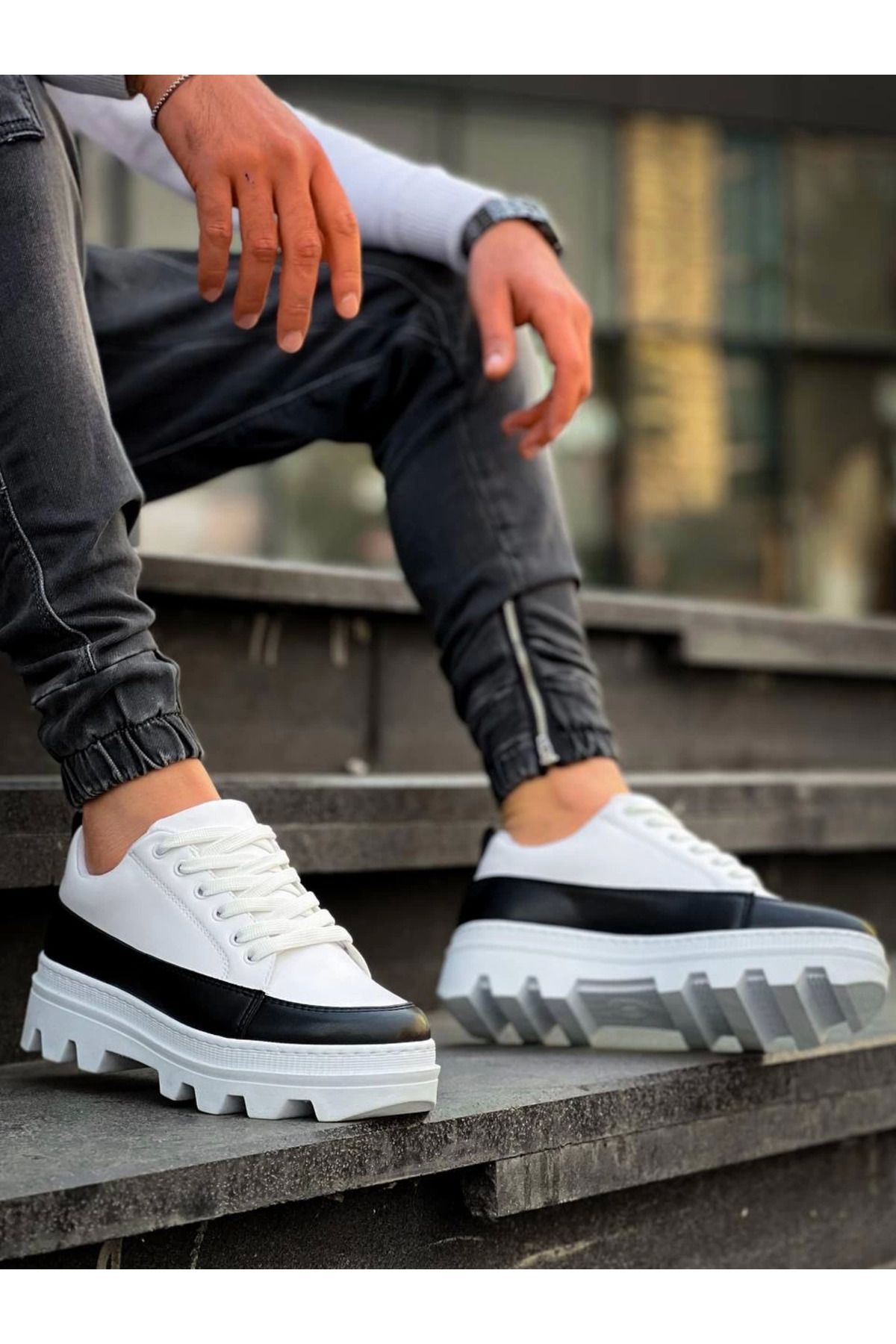 Shop58 Beyaz Siyah Detaylı Beyaz Yüksek Taban Günlük Spor Ayakkabı